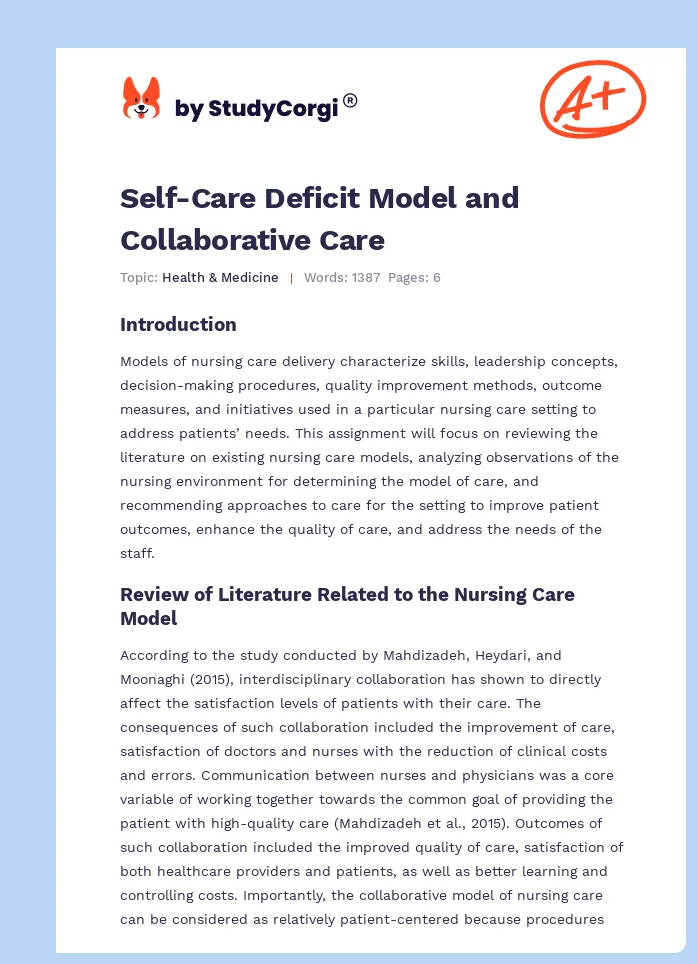 Self-Care Deficit Model and Collaborative Care. Page 1