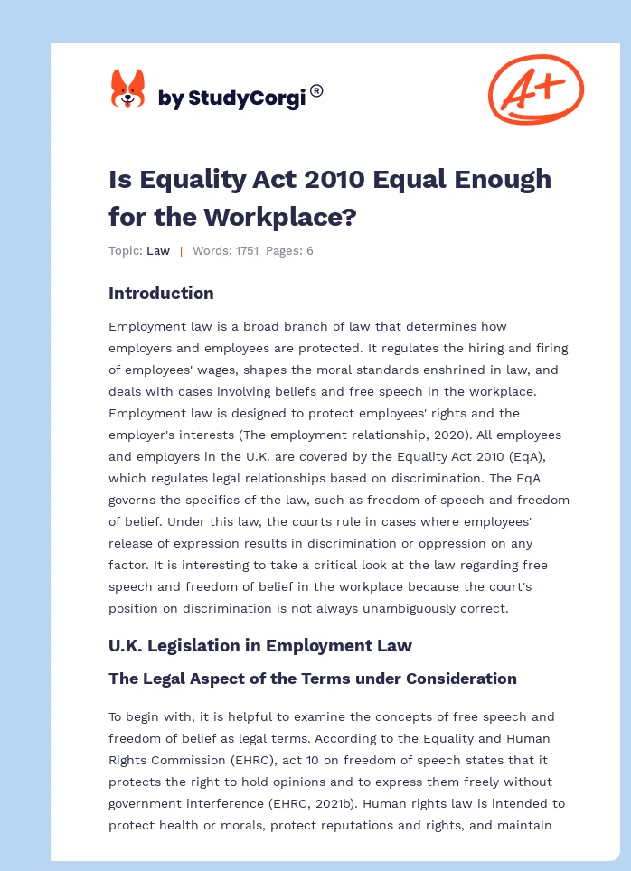 Is Equality Act 2010 Equal Enough for the Workplace?. Page 1