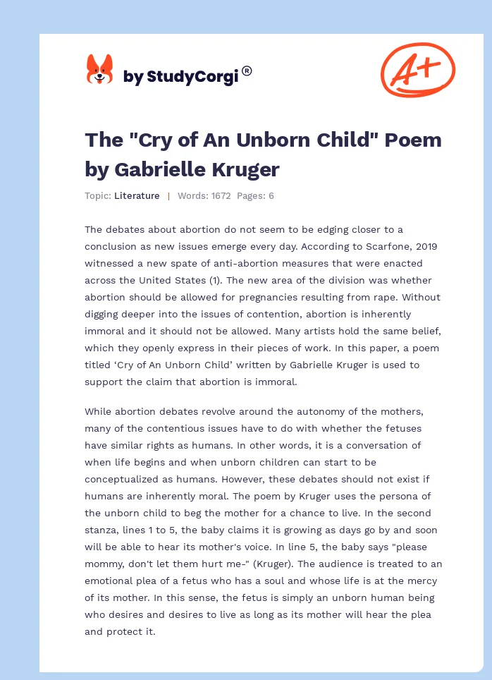 The "Cry of An Unborn Child" Poem by Gabrielle Kruger. Page 1