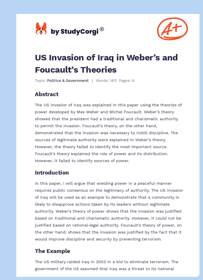 US Invasion of Iraq in Weber’s and Foucault’s Theories. Page 1