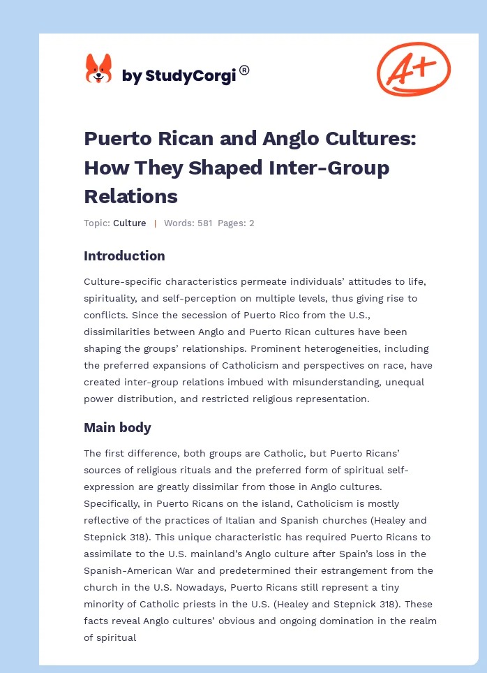 Puerto Rican and Anglo Cultures: How They Shaped Inter-Group Relations. Page 1