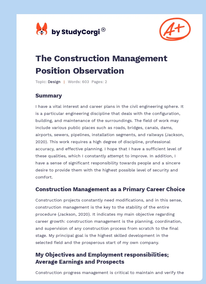 The Construction Management Position Observation. Page 1