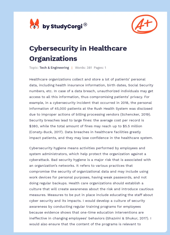 Cybersecurity in Healthcare Organizations. Page 1