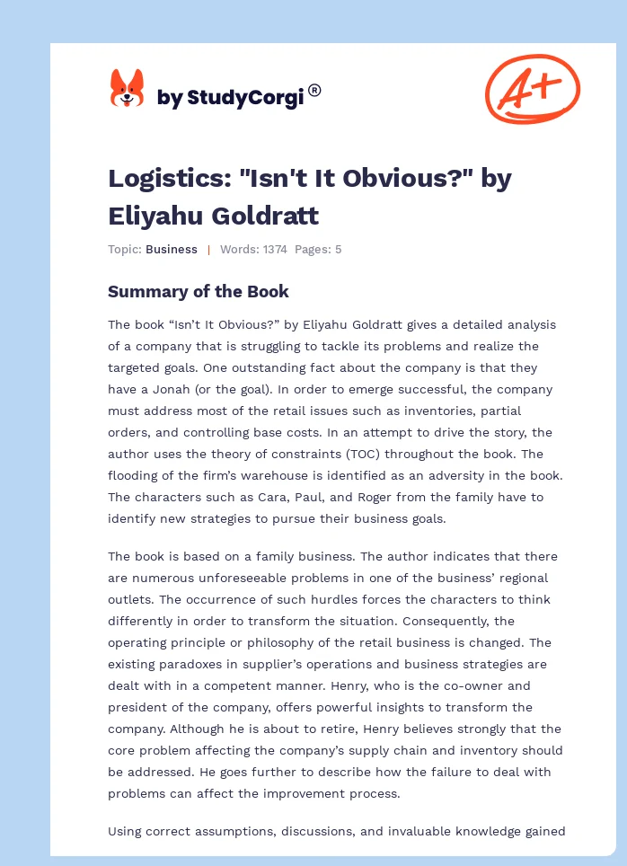 Logistics: "Isn't It Obvious?" by Eliyahu Goldratt. Page 1