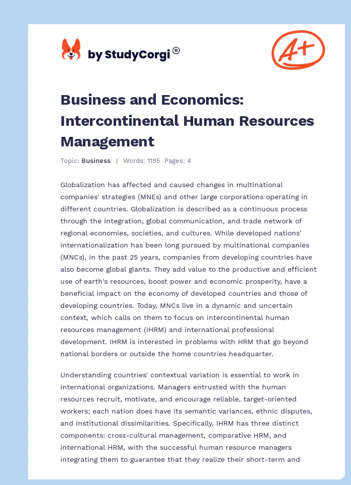 Business and Economics: Intercontinental Human Resources Management. Page 1