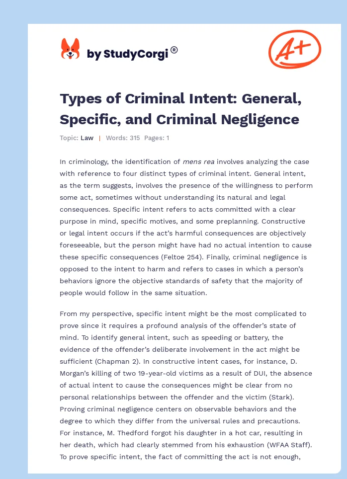 Types of Criminal Intent: General, Specific, and Criminal Negligence. Page 1