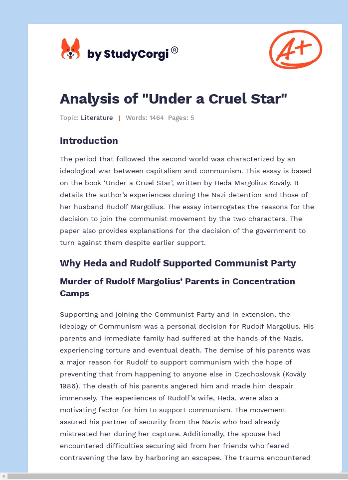 Analysis of "Under a Cruel Star". Page 1