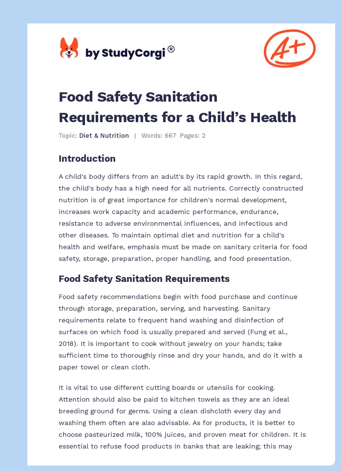 Food Safety Sanitation Requirements for a Child’s Health. Page 1