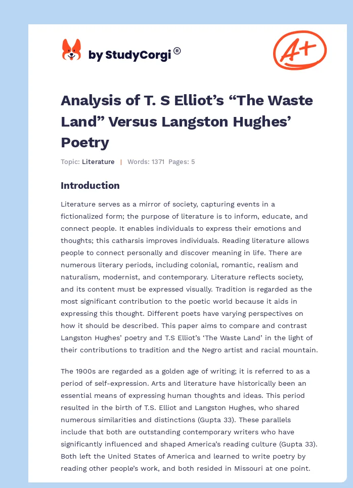 Analysis of T. S Elliot’s “The Waste Land” Versus Langston Hughes’ Poetry. Page 1