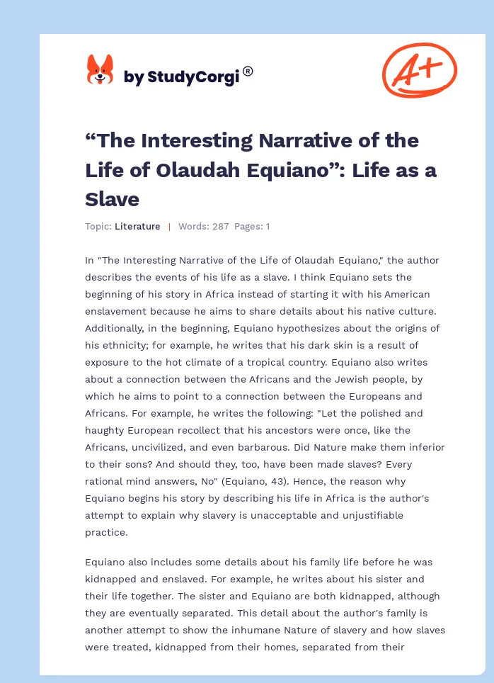 “The Interesting Narrative of the Life of Olaudah Equiano”: Life as a Slave. Page 1