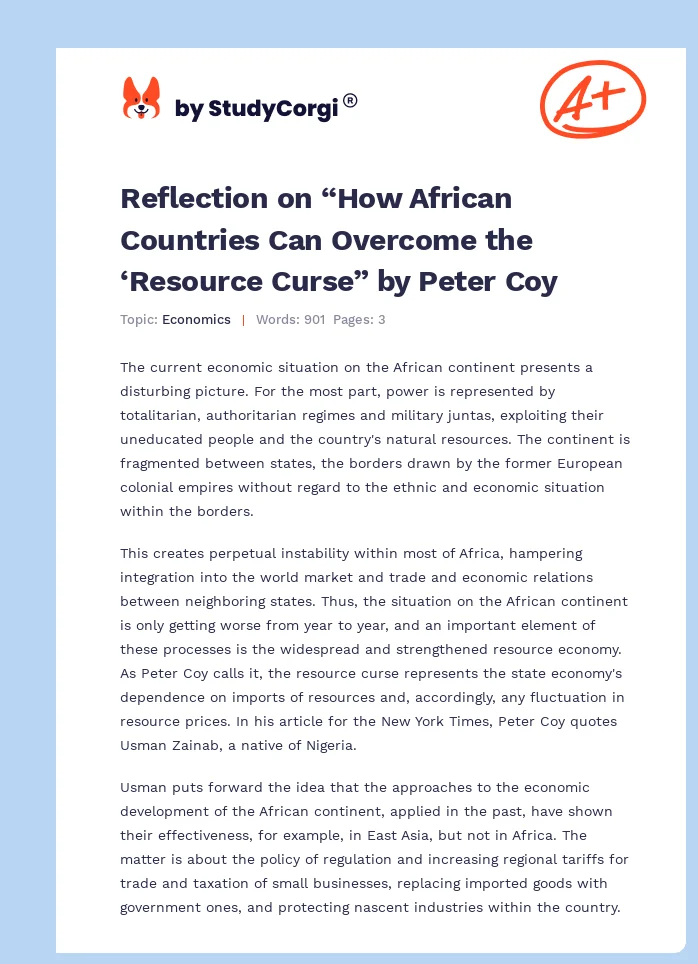 Reflection on “How African Countries Can Overcome the ‘Resource Curse” by Peter Coy. Page 1