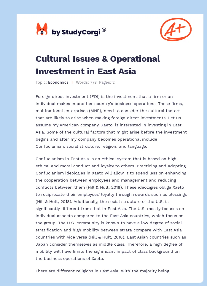 Cultural Issues & Operational Investment in East Asia. Page 1