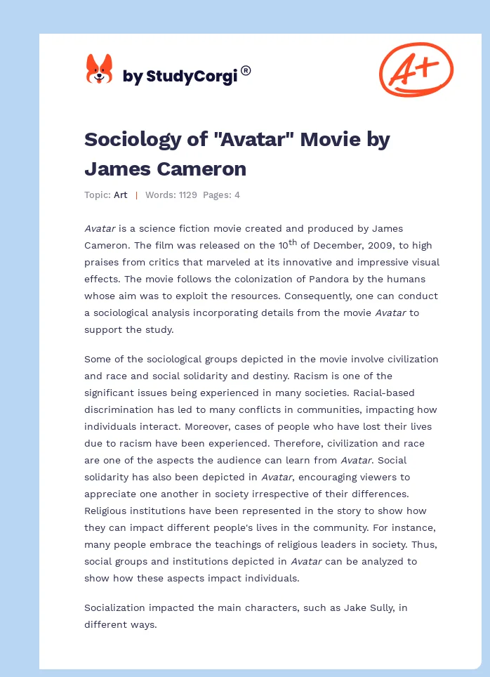 Sociology of "Avatar" Movie by James Cameron. Page 1