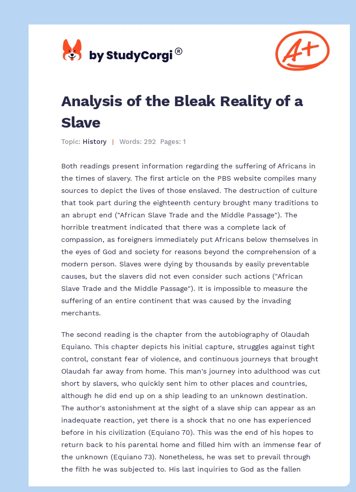 Analysis of the Bleak Reality of a Slave. Page 1