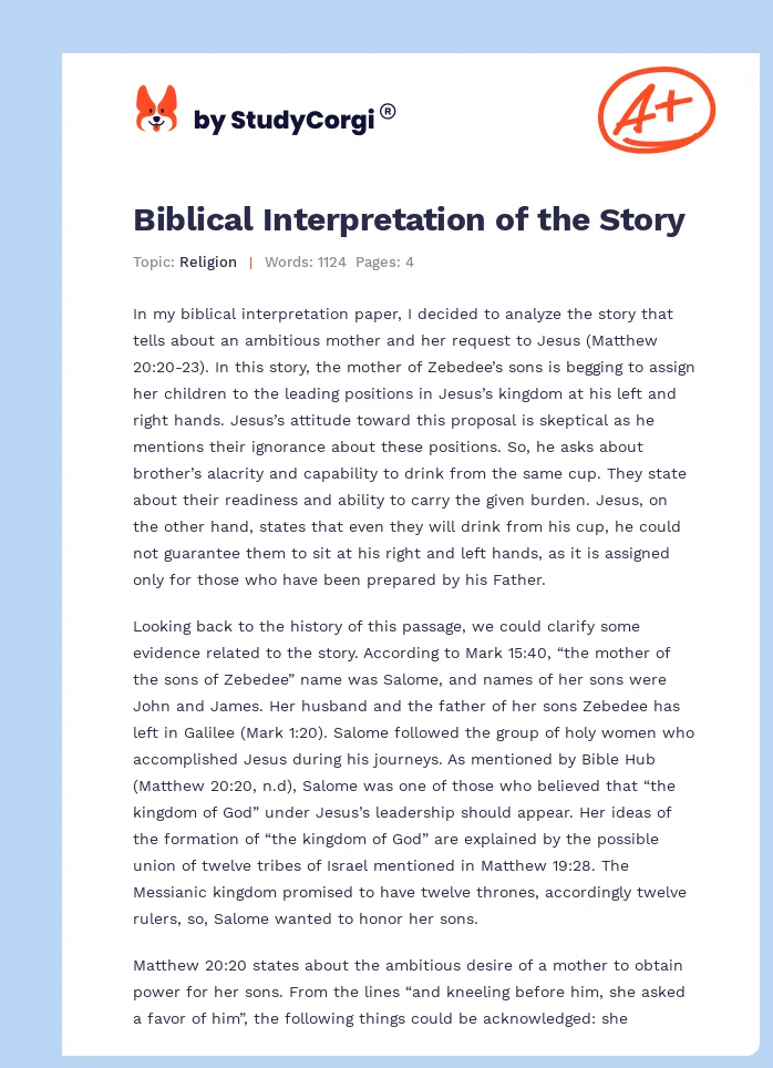 Biblical Interpretation Of The Story Free Essay Example