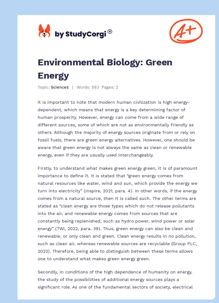 Environmental Biology: Green Energy. Page 1