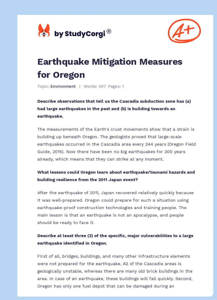 Earthquake Mitigation Measures for Oregon. Page 1