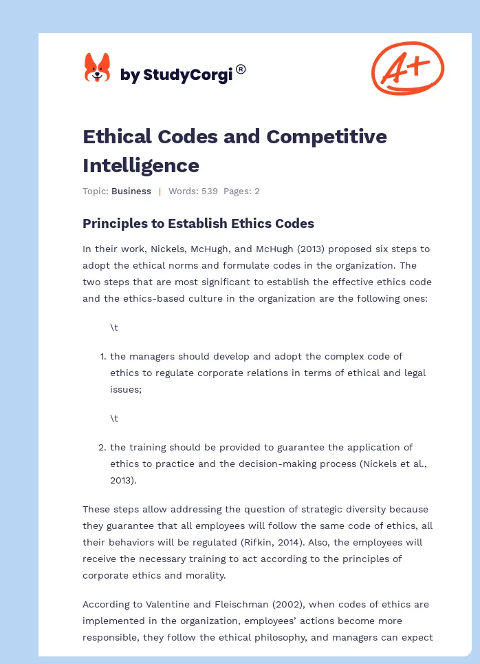 Ethical Codes and Competitive Intelligence. Page 1