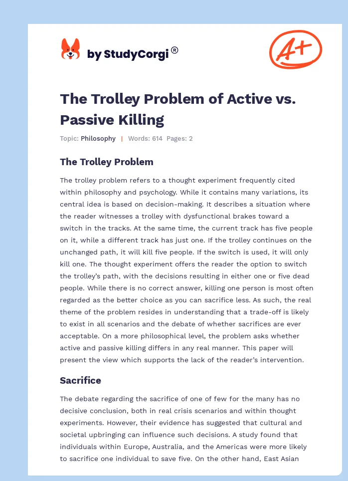 The Trolley Problem of Active vs. Passive Killing. Page 1