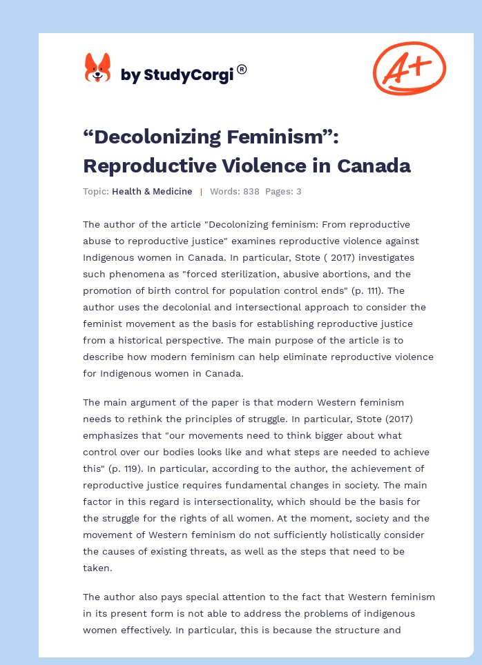 “Decolonizing Feminism”: Reproductive Violence in Canada. Page 1