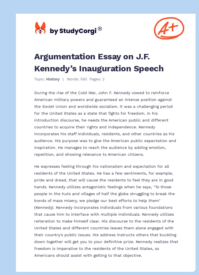 Argumentation Essay on J.F. Kennedy’s Inauguration Speech. Page 1