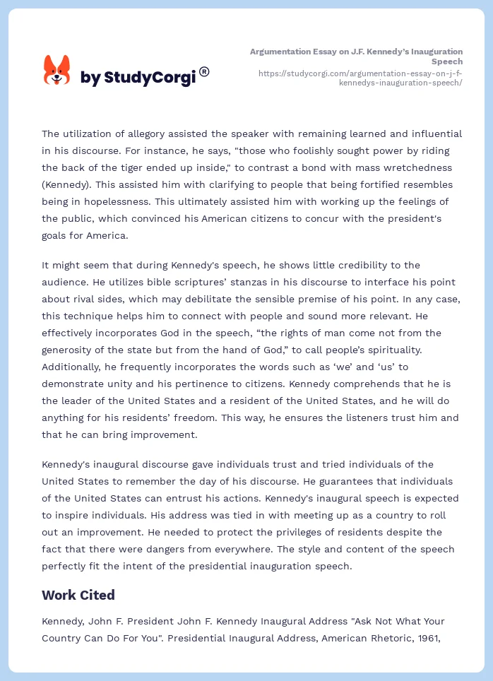 Argumentation Essay on J.F. Kennedy’s Inauguration Speech. Page 2