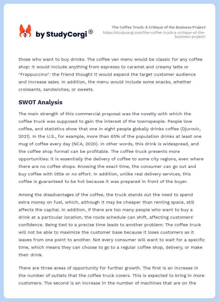 The Coffee Truck: A Critique of the Business Project. Page 2
