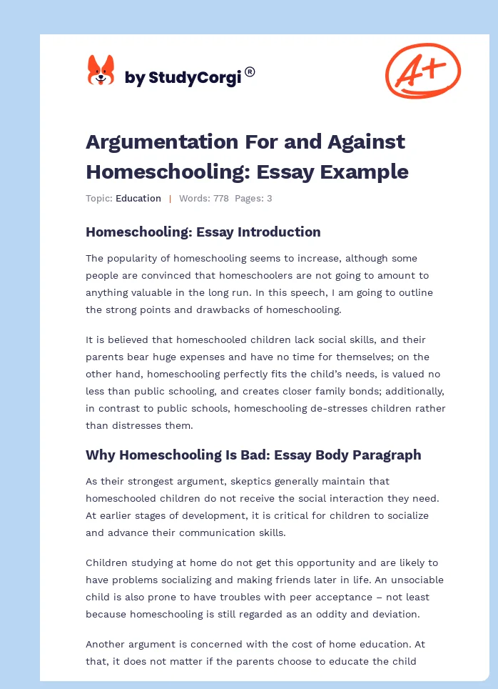 Argumentation For and Against Homeschooling: Essay Example. Page 1