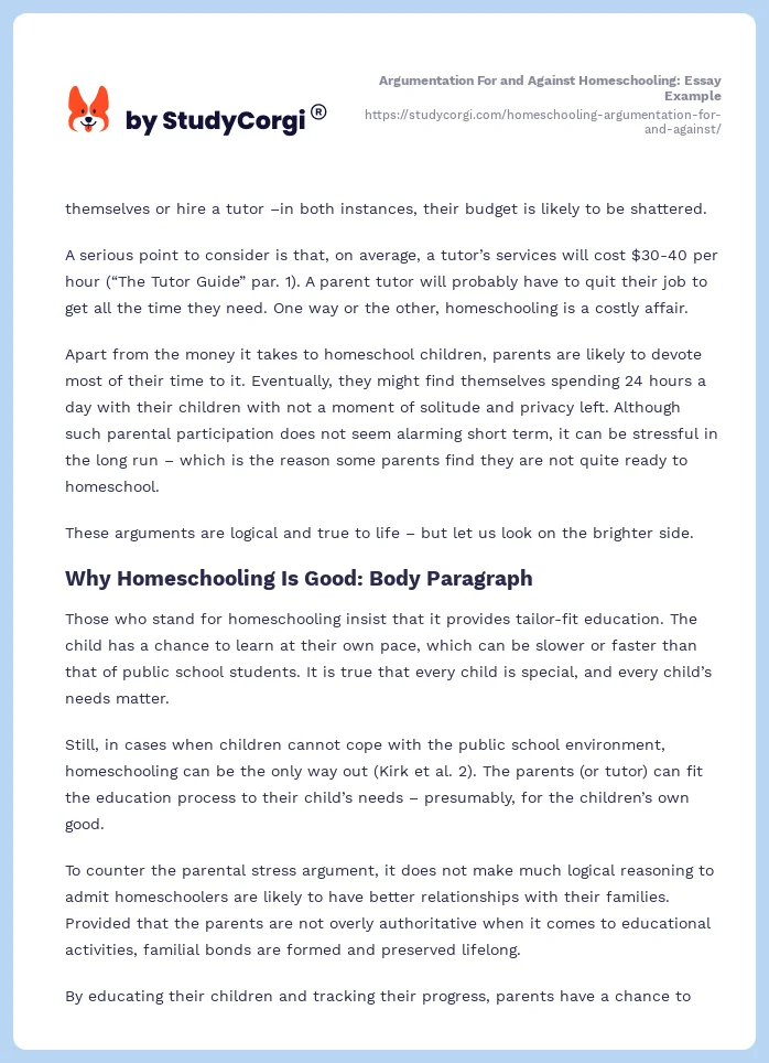 Argumentation For and Against Homeschooling: Essay Example. Page 2