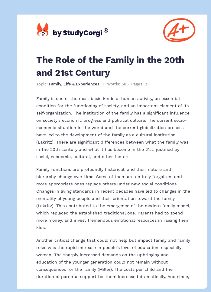 The Role of the Family in the 20th and 21st Century. Page 1