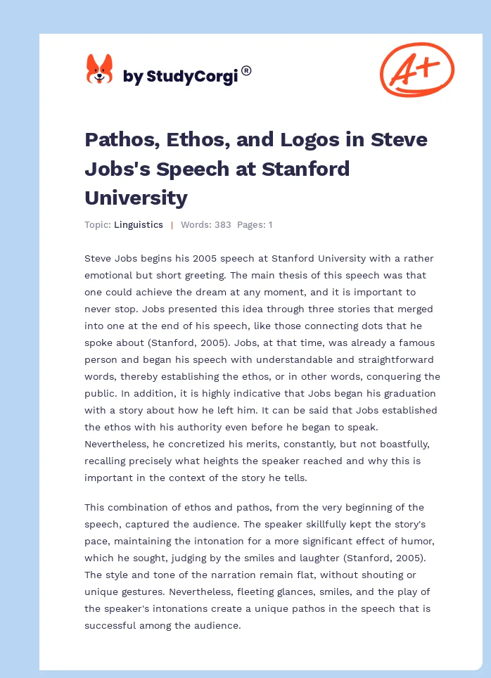 Pathos, Ethos, and Logos in Steve Jobs's Speech at Stanford University. Page 1