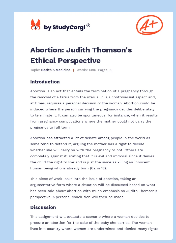 Abortion: Judith Thomson's Ethical Perspective. Page 1