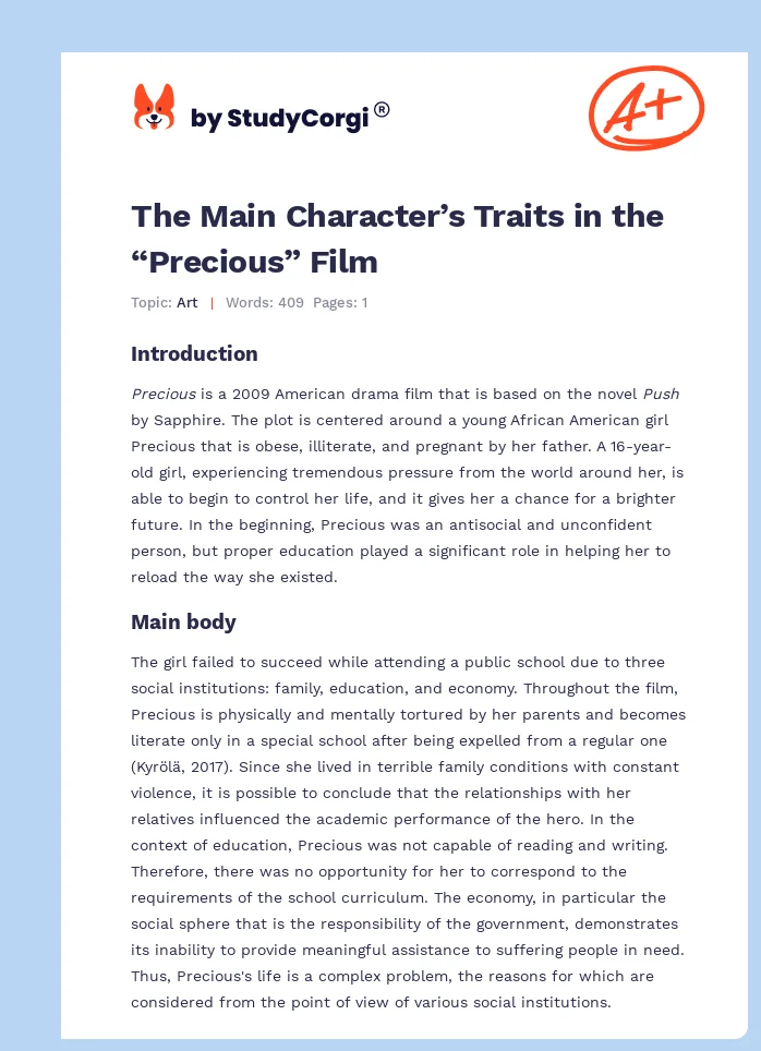 The Main Character’s Traits in the “Precious” Film. Page 1