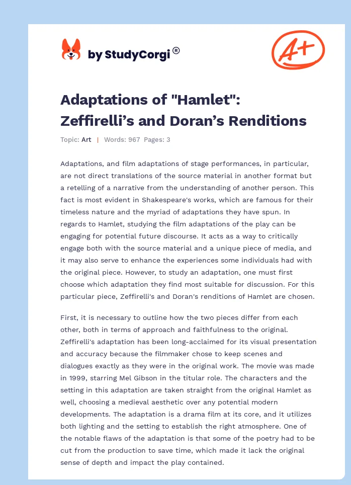 Adaptations of "Hamlet": Zeffirelli’s and Doran’s Renditions. Page 1