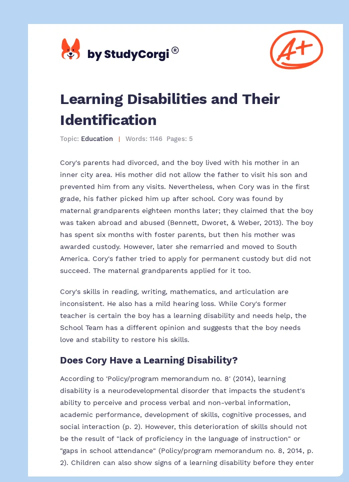 Learning Disabilities and Their Identification. Page 1