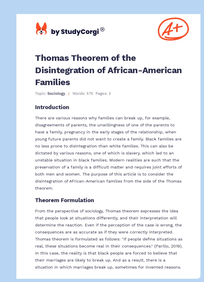 Thomas Theorem of the Disintegration of African-American Families. Page 1
