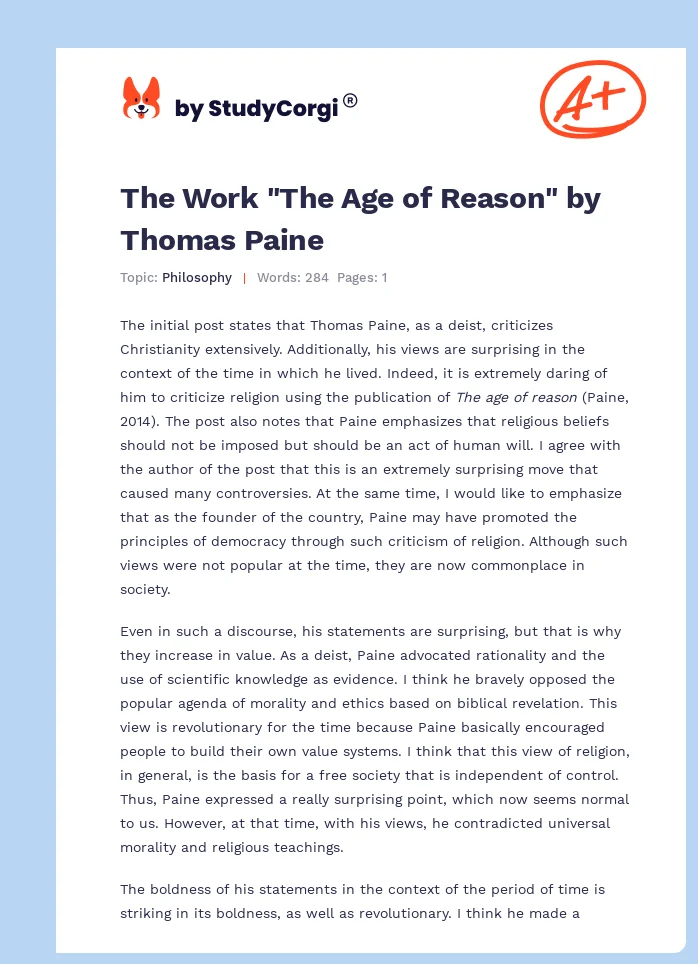The Work "The Age of Reason" by Thomas Paine. Page 1