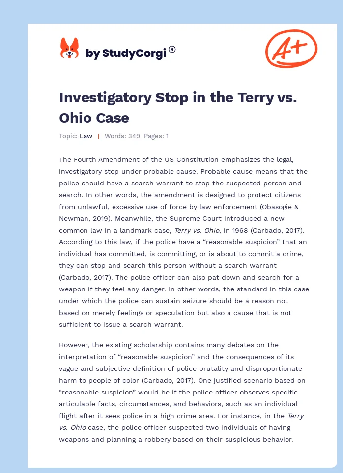 Investigatory Stop in the Terry vs. Ohio Case. Page 1