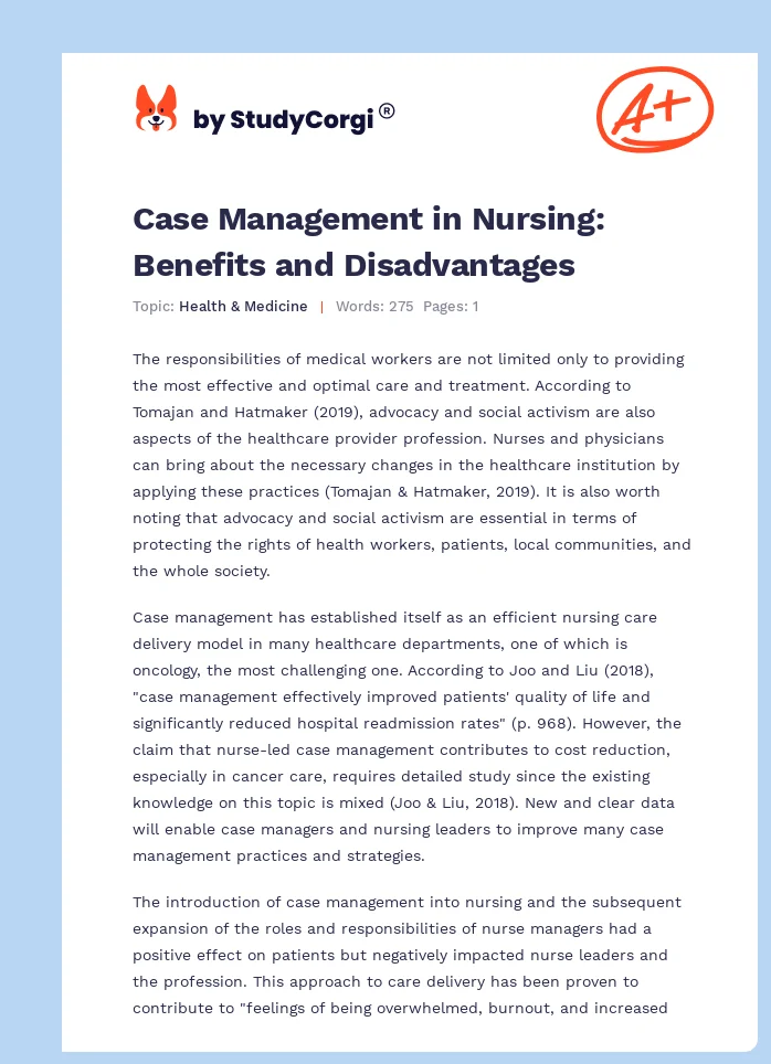 Case Management in Nursing: Benefits and Disadvantages. Page 1