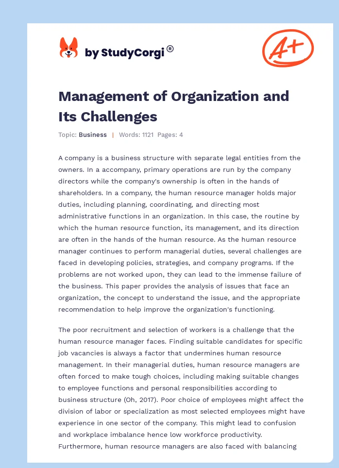Management of Organization and Its Challenges. Page 1