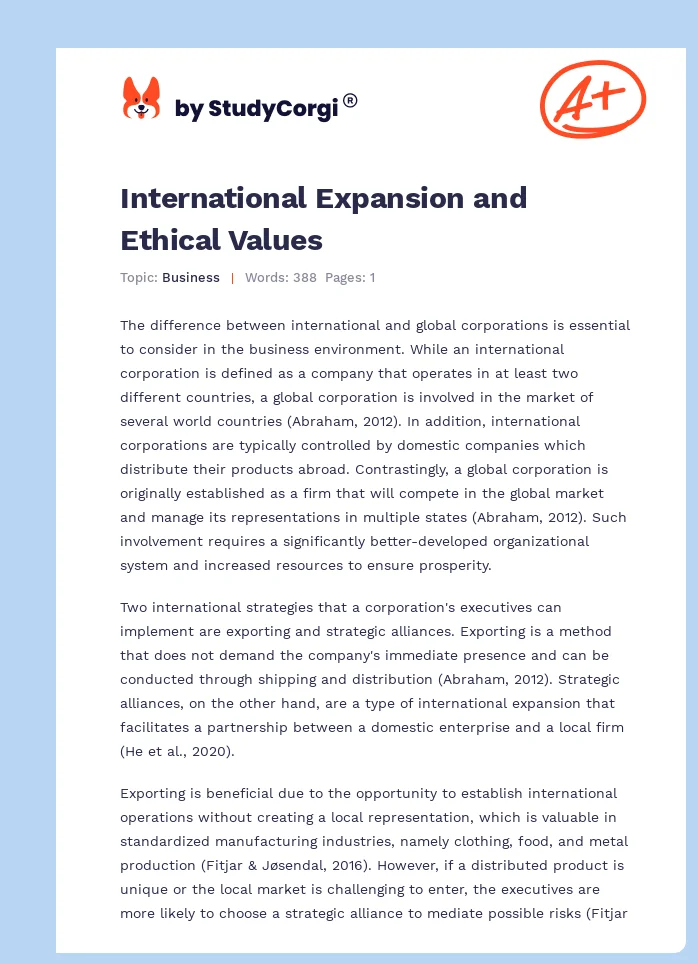 International Expansion and Ethical Values. Page 1