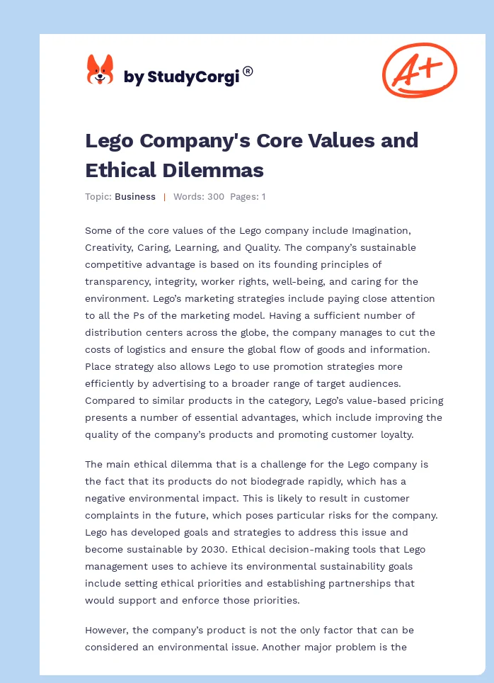 Lego Company's Core Values and Ethical Dilemmas. Page 1