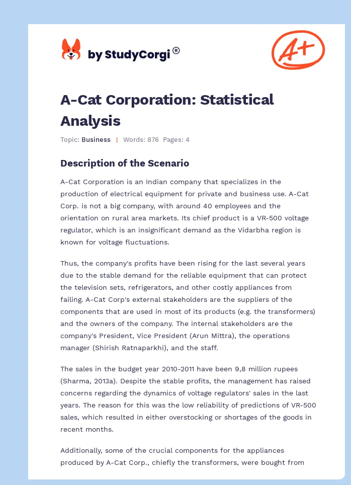 A-Cat Corporation: Statistical Analysis. Page 1