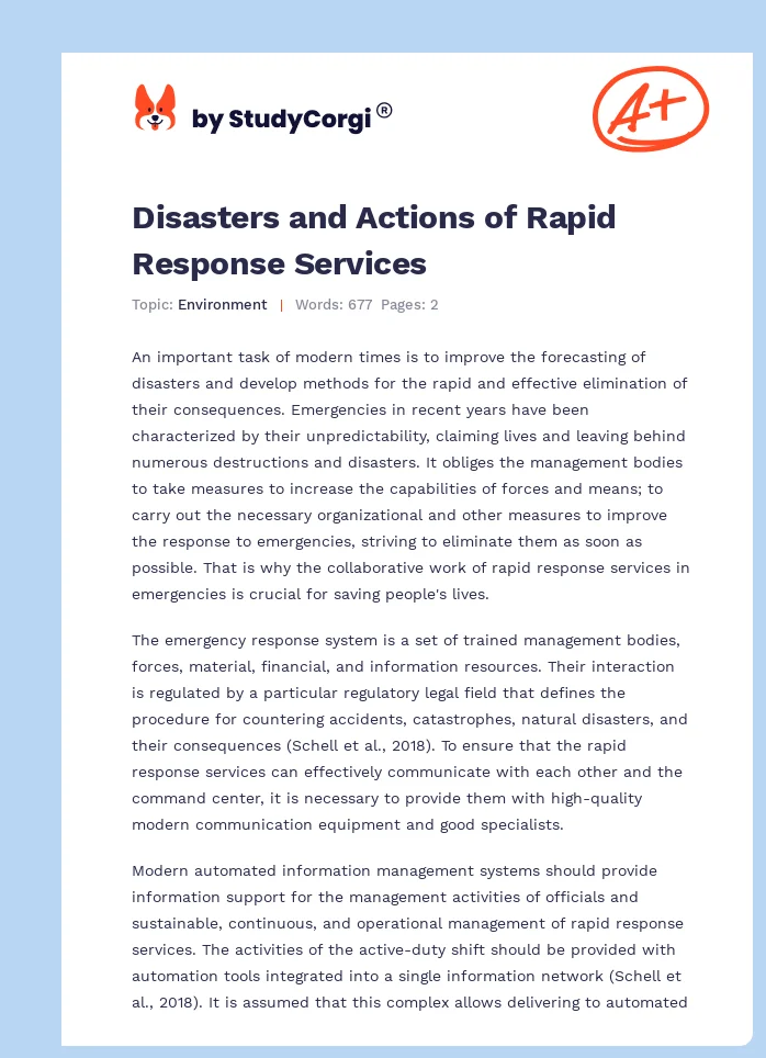Disasters and Actions of Rapid Response Services. Page 1