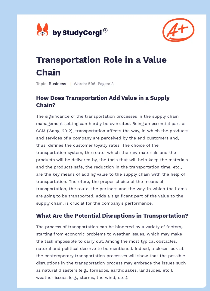 Transportation Role in a Value Chain. Page 1