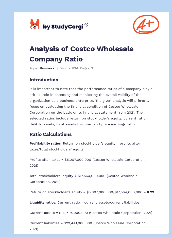 Analysis of Costco Wholesale Company Ratio. Page 1