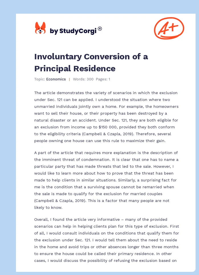 Involuntary Conversion of a Principal Residence. Page 1