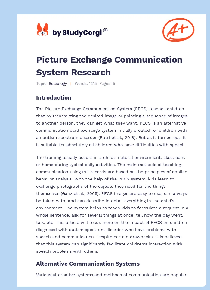 Picture Exchange Communication System Research. Page 1