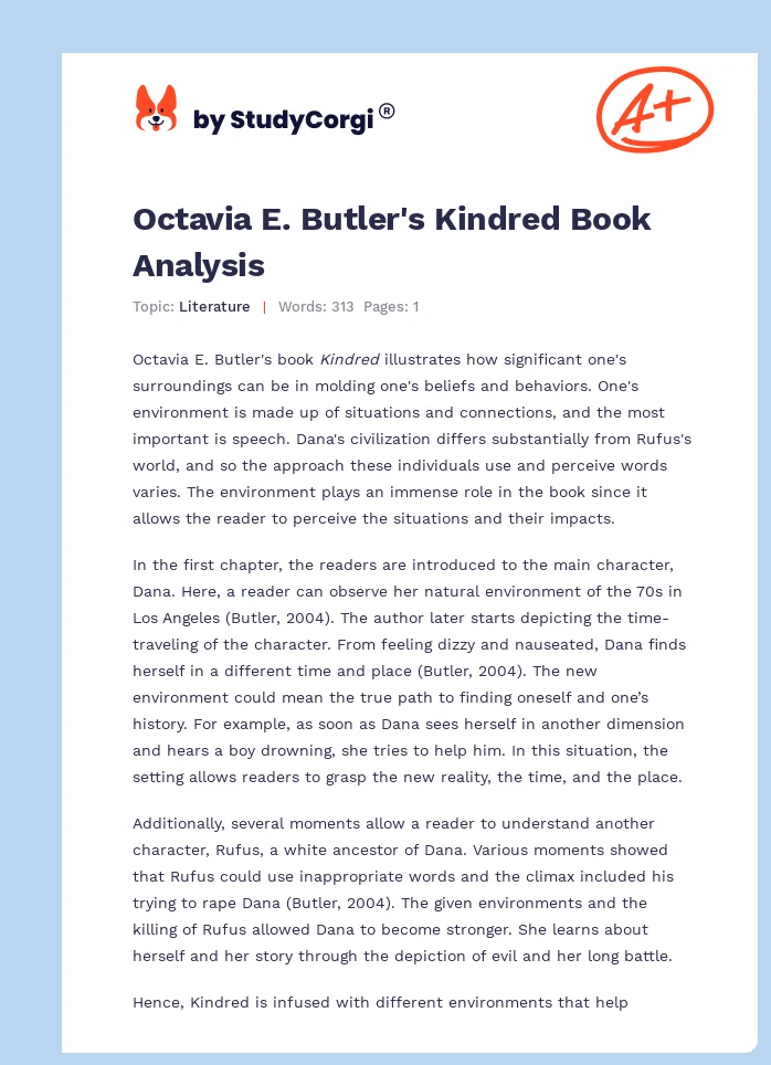 Octavia E. Butler's Kindred Book Analysis. Page 1