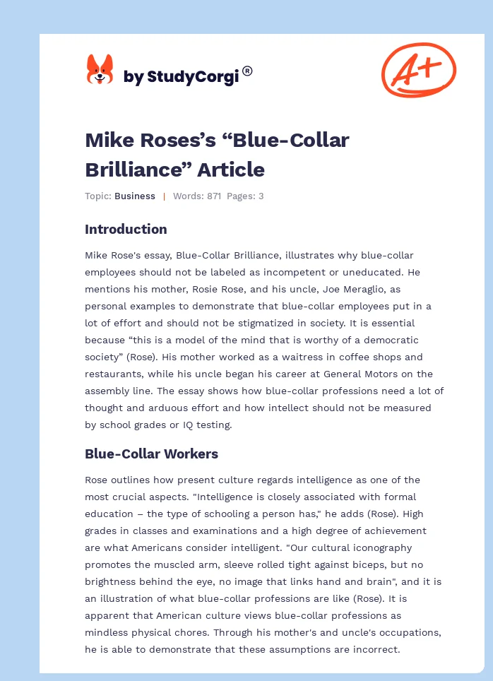 Mike Roses’s “Blue-Collar Brilliance” Article. Page 1